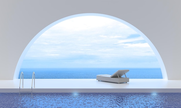 Piscina con vista mare accanto alla terrazza e ai letti in moderne sedie a sdraio di lusso sul ponte di legno in vacanza 3d rendering illustrazione della fantasia e della realtà del resort turistico in spazi onirici