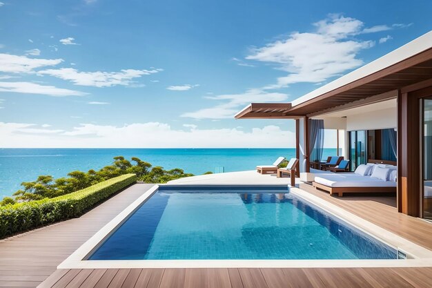 Piscina con vista sul mare accanto a terrazza e letto in una moderna casa di lusso sulla spiaggia con cielo blu