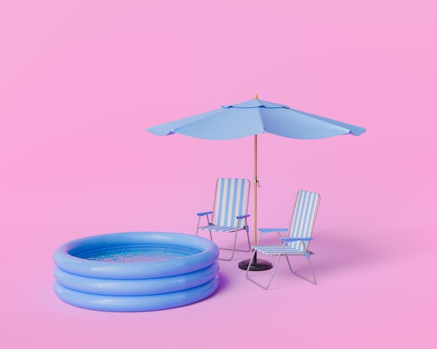 Piscina gonfiabile con ombrello blu e sedie a righe su sfondo rosa