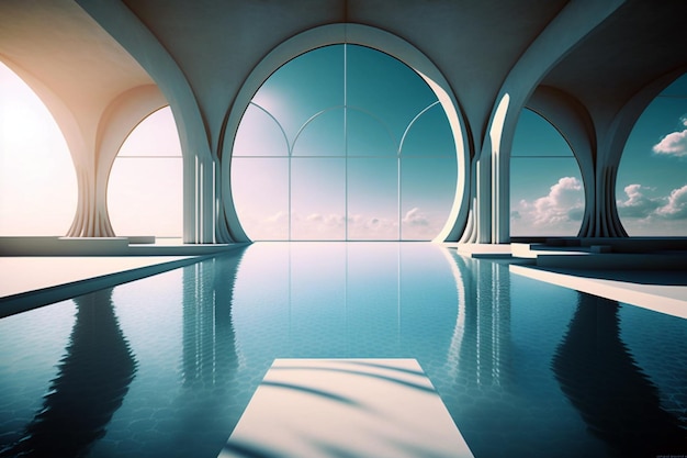 Piscina moderna con architettura contemporanea Illustrazione generativa di AI