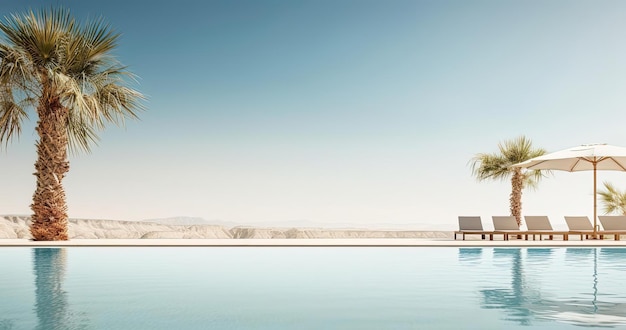 piscina nel deserto con ombrelloni e palme in stile dai bordi sfumati e sfocati