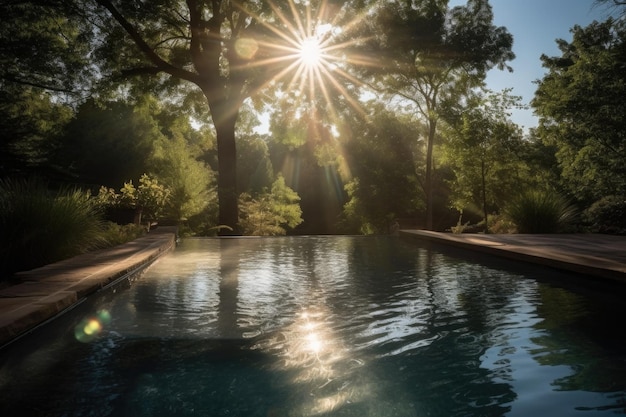 Piscina scintillante con raggi di sole che brillano sull'acqua creata con intelligenza artificiale generativa