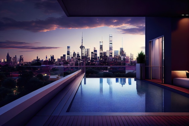 Piscina sul tetto dell'appartamento con vista mozzafiato sullo skyline della città