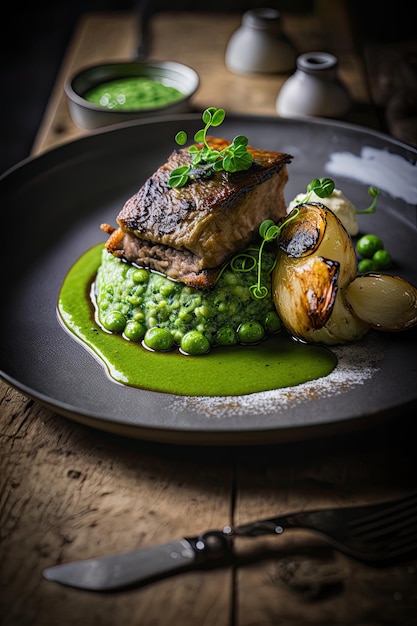 Piselli di pancia di agnello con purea di patate arrosto in crosta di erbe