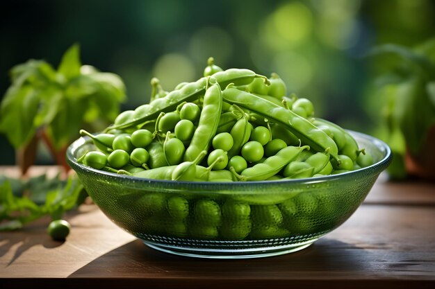 piselli in una ciotola di vetro trasparente su un tavolo di legno dietro sfondo verde sfocato concetto di cibo vegano