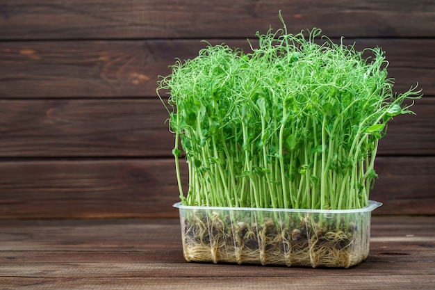 Piselli microgreen sulla tavola di legno