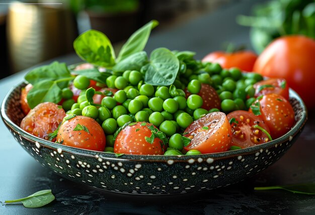 Piselli verdi freschi e pomodori in ciotola