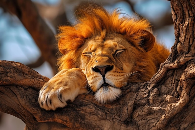 Pisolino regale del leone Il maestoso leone del Serengeti si rilassa sotto un albero africano
