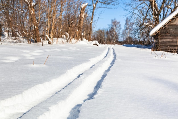 Pista da sci alla foresta nel piccolo villaggio in inverno