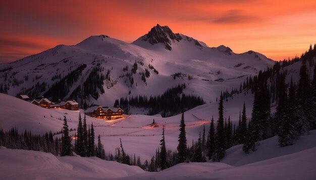 Pista da sci illuminata tranquilla avventura di snowboard al tramonto generata dall'intelligenza artificiale