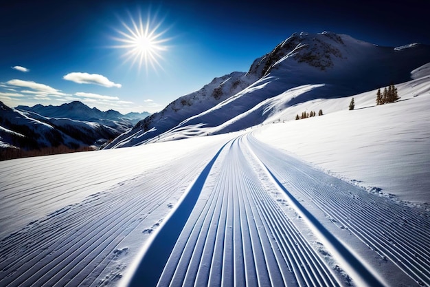 Pista da sci sulla neve in montagna sullo sfondo del cielo e dello sci al sole generativo ai