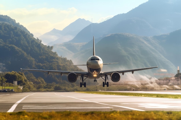 Pista dell'aeroporto e un aereo passeggeri con le montagne sullo sfondo