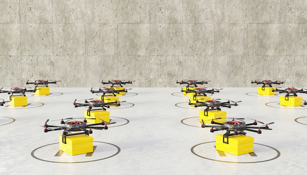 Pista di atterraggio piena di droni pronti con pacchi per la consegna