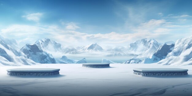 Pista invernale contro un paesaggio di mare ghiacciato con bufere di neve ghiacciai e montagne generazione di IA