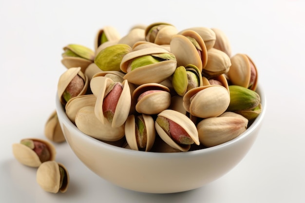 Pistacchi freschi in una ciotola su sfondo bianco AI generato