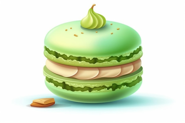 Pistacchio Macaron in stile cartone animato su sfondo bianco AI generato
