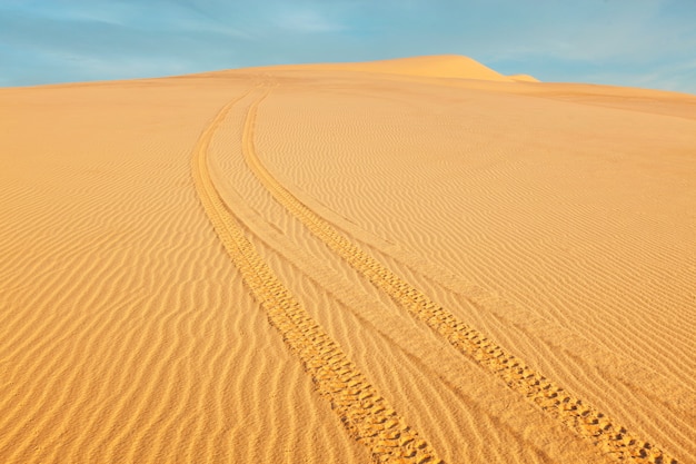 Piste ATV per veicoli fuoristrada in dune di sabbia bianca all'alba,