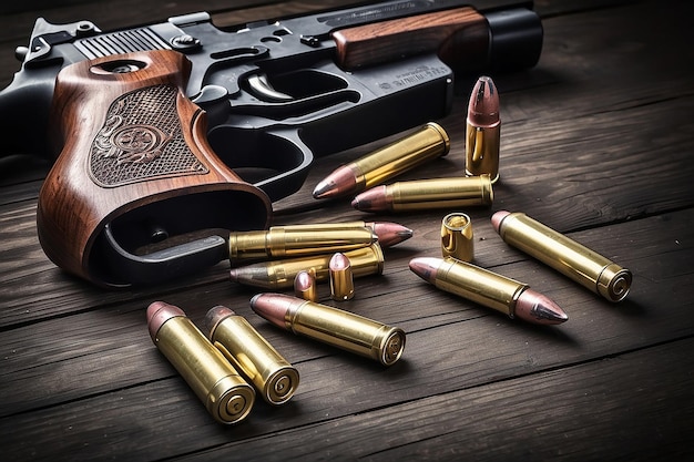 Pistola con munizioni su uno sfondo di legno scuro