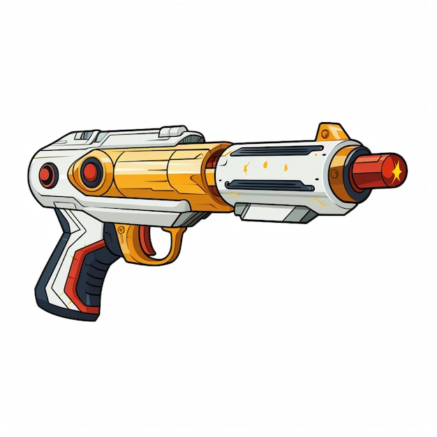 pistola in stile cartone animato con impugnatura rossa e gialla e una stella gialla sul lato generativo ai