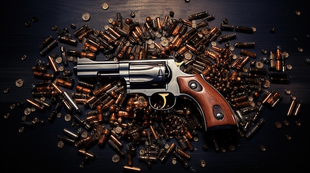 Pistola revolver ai generativa con proiettili isolati su sfondo di legno pistola a mano con munizioni