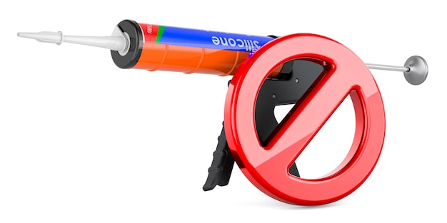 Pistola sigillante con tubo sigillante in silicone con simbolo proibito rendering 3D isolato su sfondo bianco