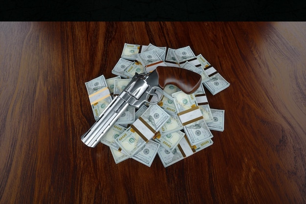 Pistola su un mucchio di soldi dollari il concetto del costo delle armi l'attività di vendita di armi illustrazione 3D renderer 3D