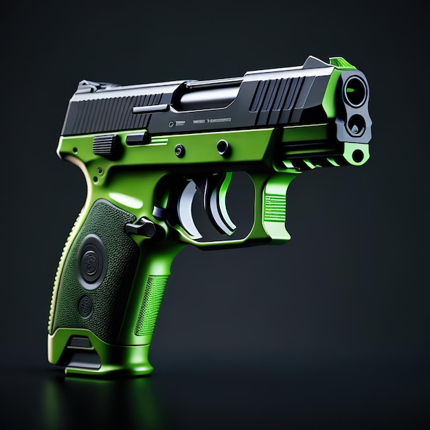 Pistola verde con disegno futuristico su sfondo scuro AI generativa