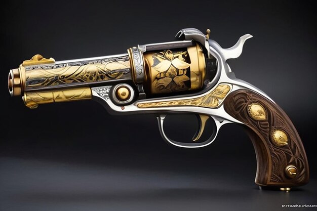 Pistola Wheellock d'epoca con accenti a foglia d'oro e canna di Damasco
