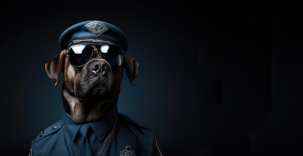 pitbull scuro che lavora come agente di sicurezza o agente di polizia che indossa una maglietta della polizia sungla