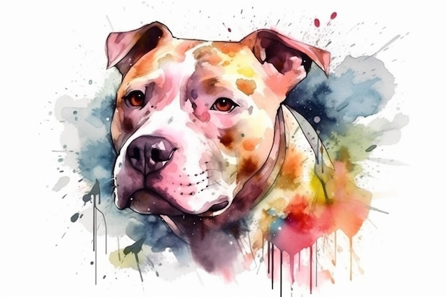 Pitbull terrier adorabile illustrazione dell'acquerello del cucciolo di cane con macchie di colore tutte le razze di cani