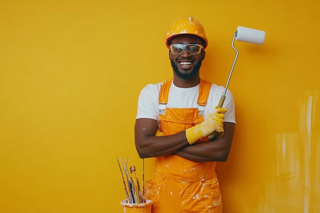 Pittore professionista che dipinge un muro con un rullo di vernice
