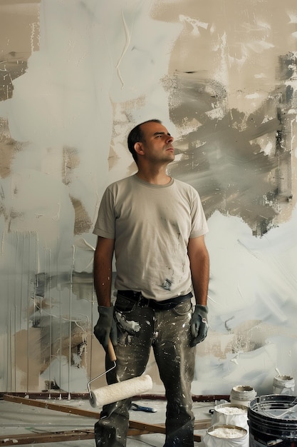 Pittore professionista di casa che rinnova il muro con spazio di copia di vernice bianca