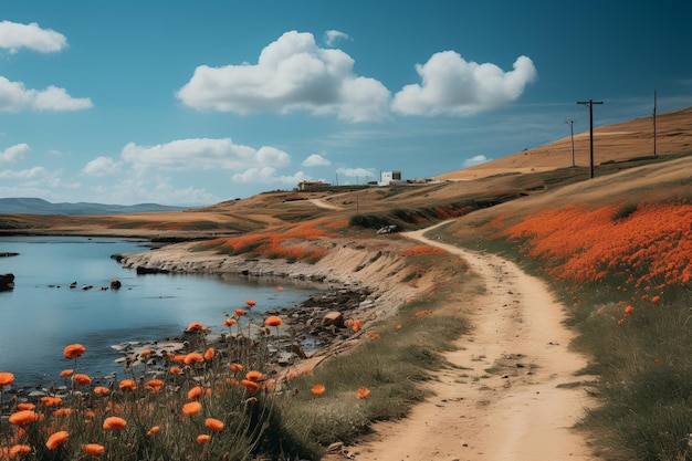 Pittoresca casa di pescatori sul mare con un sentiero attraverso un campo di papaveri in fiore