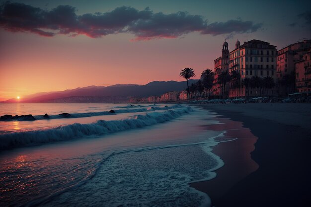 Pittoresca spiaggia italiana al tramonto vicino a Savona