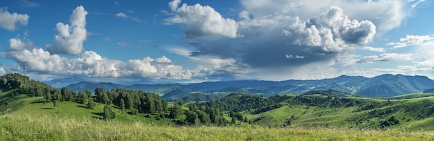 Pittoresca vista panoramica della valle sulle montagne Luce solare brillante verdi primaverili di boschi e prati