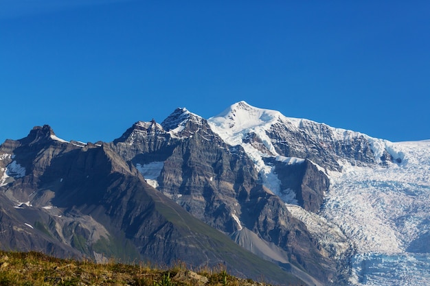 Pittoresche montagne dell'Alaska in estate. Massicci innevati, ghiacciai e picchi rocciosi.