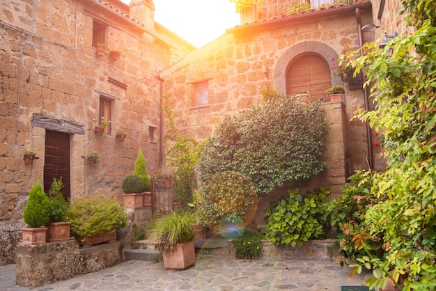 Pittoresco edificio in città medievale in Toscana Italia Vecchi muri in pietra e piante