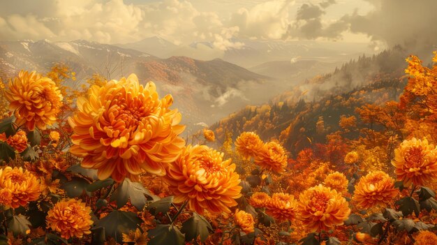 Pittoresco paesaggio autunnale con crisantemi arancione vivaci e montagne nebbiose nel