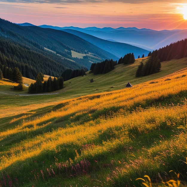 Pittoresco tramonto nelle alpine altopiani Luogo Montagne dei Carpati Europa Impressionante scena estiva alla luce mattutina