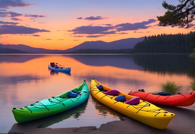 Pittoresco tramonto su un lago sereno con kayak colorati sparsi lungo la riva
