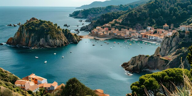 Pittoresco villaggio balneare annidato dalle calme acque azzurre serenità mediterranea catturata dalla luce solare perfetta per viaggi e turismo AI