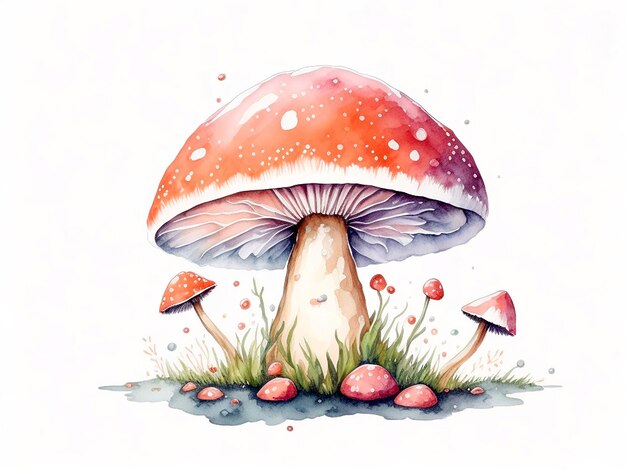 Pittura a acquerello di funghi su sfondo bianco