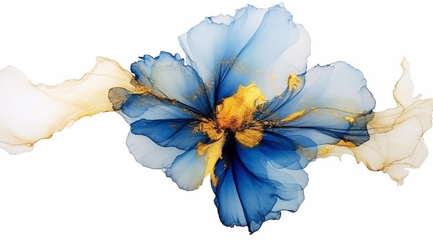 Pittura a inchiostro alcolico con fiore blu e oro IA generativa