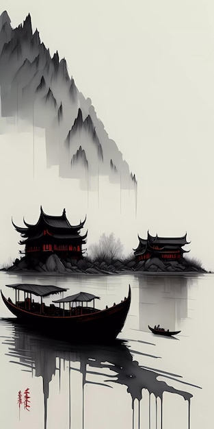 Pittura a inchiostro cinese smorzata di un paesaggio montano