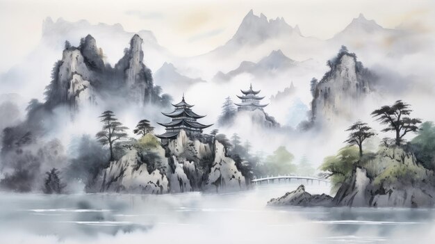 Pittura a inchiostro di paesaggio pittura tradizionale cinese pittura tradizionale stile cinese acquerello