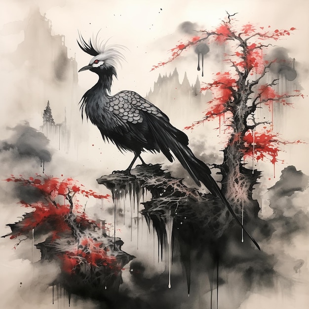 Pittura a inchiostro disegnato a mano di un albero giapponese