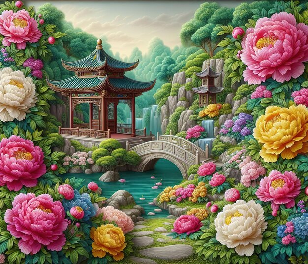 Pittura a lacca di giardino di peonia creata da AI generata