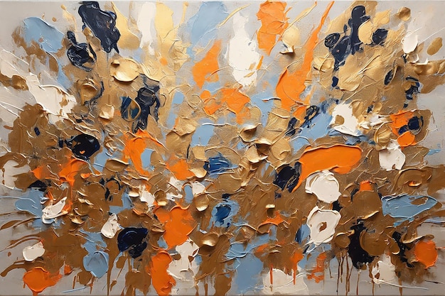 Pittura a olio astratta su tela con colori blu arancione e giallo