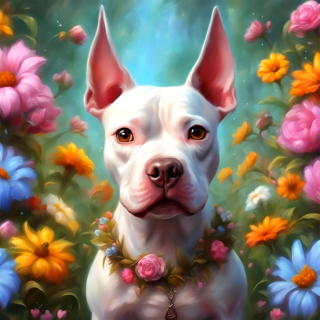 pittura a olio da favola ottano rendering risoluzione 3d 8k simpatici adorabili pitbull fiori colorati