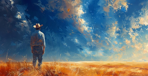 Pittura a olio dell'uomo nella scena dell'outback per lo sfondo o il concetto di giclee